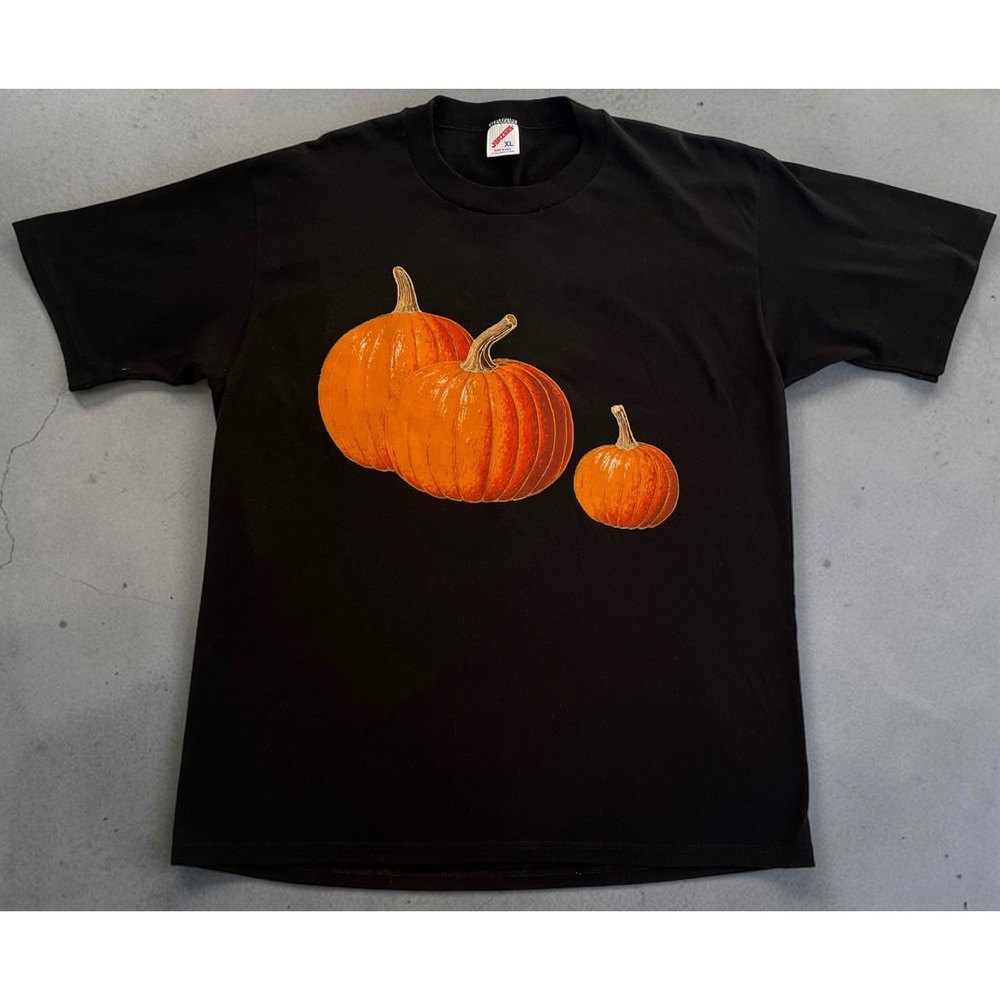 Vintage Jerzees Pumpkin Graphic T-Shirt Mens XL Black Made in USA Single Stitch